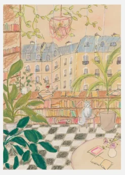 Antique Parisian Book Store Cat Canvastavla (30x40 cm)