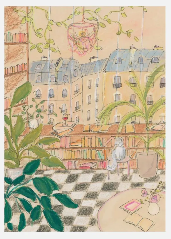 Antique Parisian Book Store Cat Canvastavla (30x40 cm)