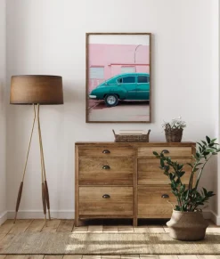 Blue Car At Pink Wall Poster (21x29.7 cm (A4))
