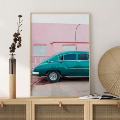 Blue Car At Pink Wall Poster (21x29.7 cm (A4))