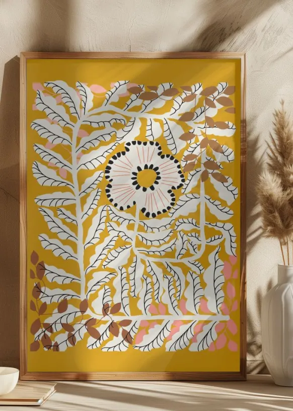 Fern leaves and flower mustard Poster (21x29.7 cm (A4))