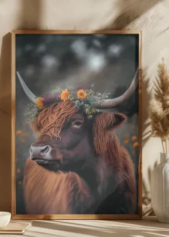 Highland Cow With Flowers Poster (21x29.7 cm (A4))