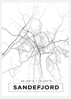 Karta - Sandefjord - Vit Canvastavla (30x40 cm)