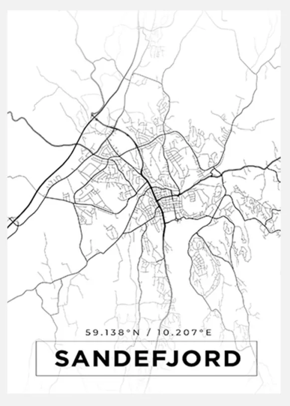 Karta - Sandefjord - Vit Canvastavla (30x40 cm)