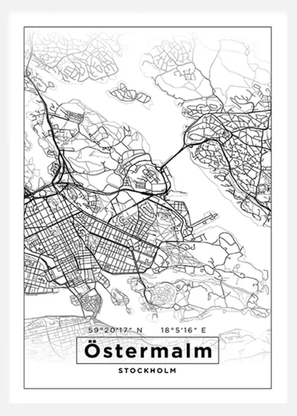 Karta - Östermalm - Vit Canvastavla (30x40 cm)