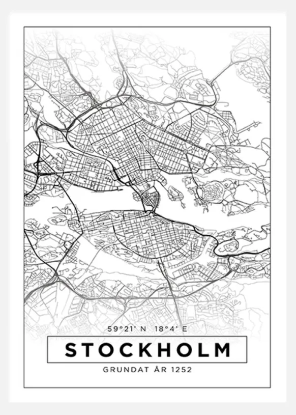 Karta - Stockholm - Vit Canvastavla (30x40 cm)