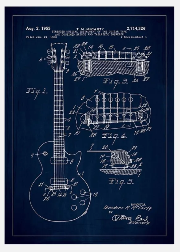 Patentritning - Elgitarr I - Blå Canvastavla (30x40 cm)