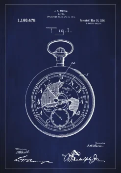 Patentritning - Fickur - Blå Poster (21x29.7 cm (A4))