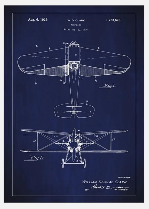 Patentritning - Flygplan - Blå Canvastavla (30x40 cm)
