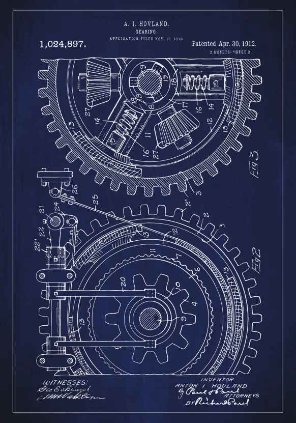 Patentritning - Kugghjul - Blå Poster (21x29.7 cm (A4))