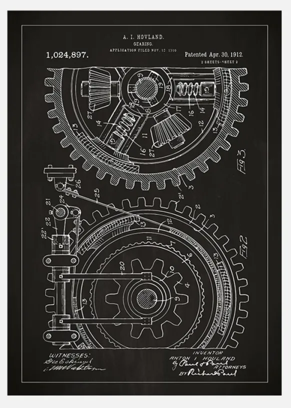 Patentritning - Kugghjul - Svart Canvastavla (30x40 cm)