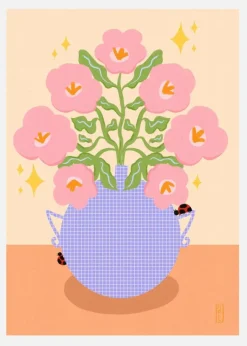 Pink Retro Flowers In A Vase Canvastavla (30x40 cm)