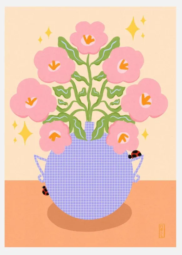 Pink Retro Flowers In A Vase Canvastavla (30x40 cm)