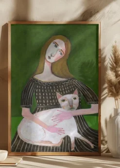 Vintage lady with white cat Poster (21x29.7 cm (A4))