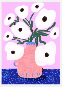 White Poppies And Ladybirds Floral Canvastavla (30x40 cm)